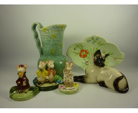 Three Beswick 'Kitty MacBride' sculptures - 'A Double Act', 'The Ring' and ''The Racegoer' -  a Beswick Siamese cat, jug and 