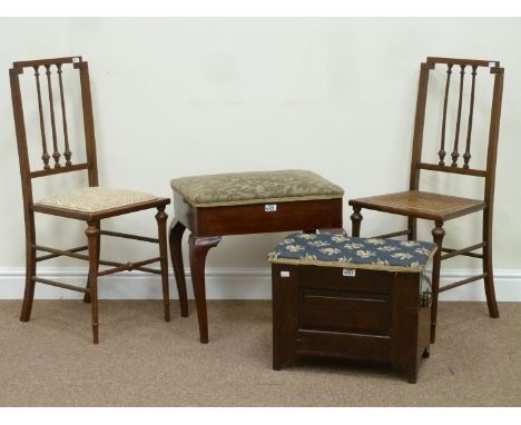 Two oak bedroom chairs, mahogany stool with hinged top, piano stool, firescreen and mirror