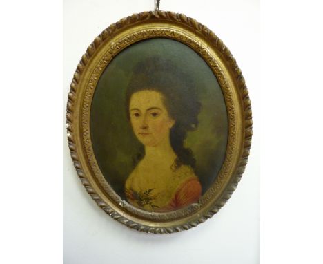 Bust Portrait of a Lady, early 19th century oval oil on tin unsigned, inscribed verso 29cm x 23cm