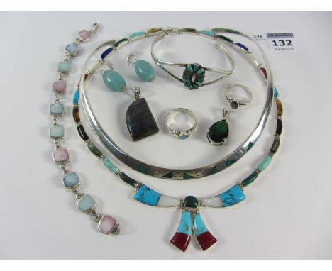 Hinged link necklace set with malachite, turquoise, abalone, etc stamped Mexico 950, similar necklet, bangle, rings, pair ear