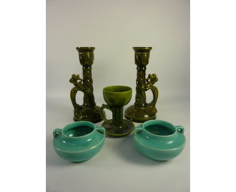 Pair 19th century Wardle grotesque dragon candlesticks H21cm, Wardle Coniston candlestick and a pair of Wardle two handled va