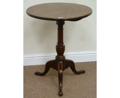 George III mahogany tripod table, circular snap top on turned column Condition Report Very good condition, no cracks or split