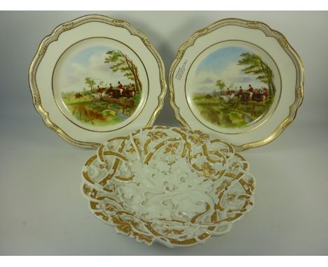 Pair Spode Hunting Plates after J. F. Herring Sen 'Full Cry' and a Meissen plate with gilded detail