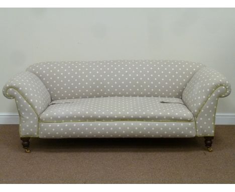 Victorian walnut framed double drop arm sofa upholstered in grey and white poker dot fabric, W193cm