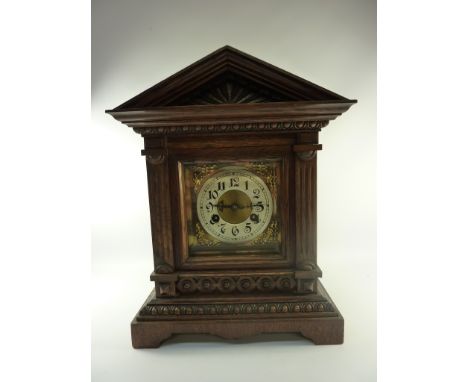 Edwardian mantel clock in architectural carved oak case H39.5cm