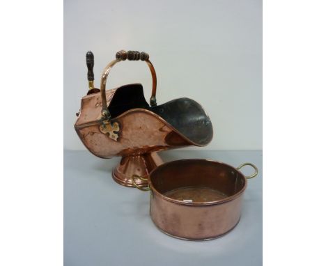 Victorian copper coal scuttle with shovel L47cm and a copper planter 