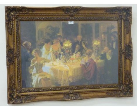 Edwardian Dinner Party, colour print 50cm x 75cm in gilt frame