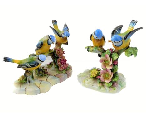 Two Adderley floral bone china ornaments, 'Treble Blue Tit' and 'Blue Tit'; printed and gold painted marks to undersides. (Th