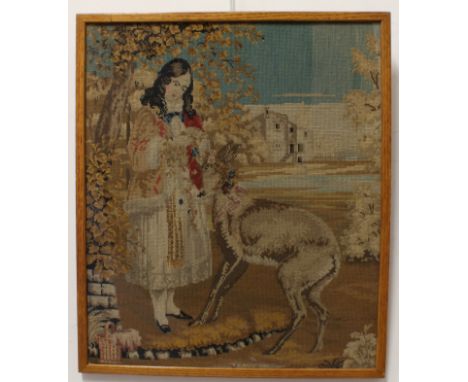 A late 19th century gros point needlework study of a young girl feeding a fawn (53 x 44.5 cm). Later annotation verso - 'Work