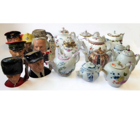 Eleven collector's teapots and&nbsp;seven miniature character jugs. The Victoria &amp; Albert Museum teapots in 18th century 