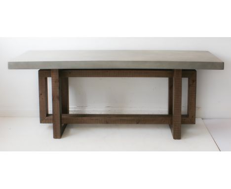 A modern Designer cube 'console' table: grey-painted single-plank rectangular top above a stained natural wood interwoven bas