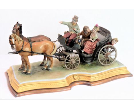 A large and impressive Capodimonte porcelain model: courting couple riding in a two-horse carriage with an urchin climbing ab