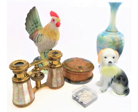 A mixed lot of six collectibles comprising a decorated treen box and cover, a pair of early 20th century finely gilded and mo