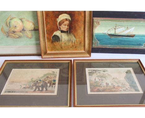 Five pictures and prints to include: A pair of 19th century coloured engravings of tiger and jackal hunting (frame sizes 29 x