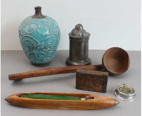 Six assorted collectibles: 1. a heavy stoneware studio-style pottery vase: baluster form and short waisted neck, turquoise gl