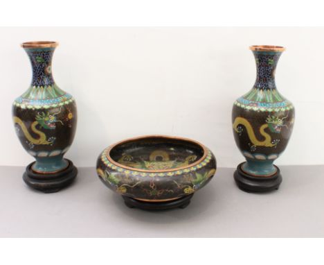 Three cloisonné decorated Chinese pieces: 1. a late 19th to early 20th century Chinese bowl of squat spherical form: the bord