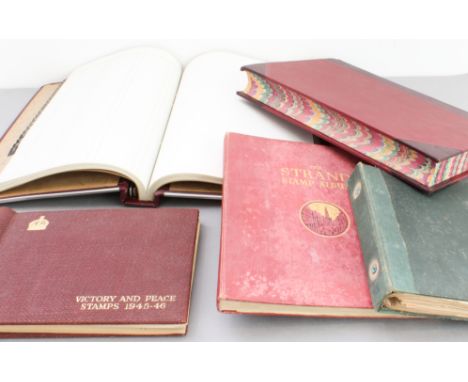 A mixed lot comprising three stamp albums and two unused ledger books:  1. 'Victory and Peace Stamps 1945-46' - a well-presen