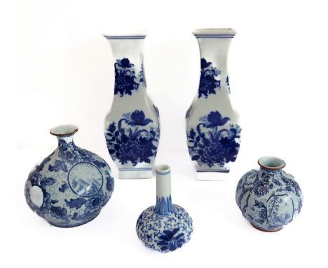 Five blue and white ceramics: 1. a pair of waisted square porcelain vases decorated with peony and blooms (26 cm high). 2. a 
