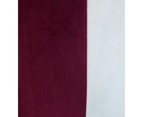 Two pairs of burgundy velvet curtains with one side edged with cream&nbsp; velvet; triple pinch pleat heading, cream cotton l