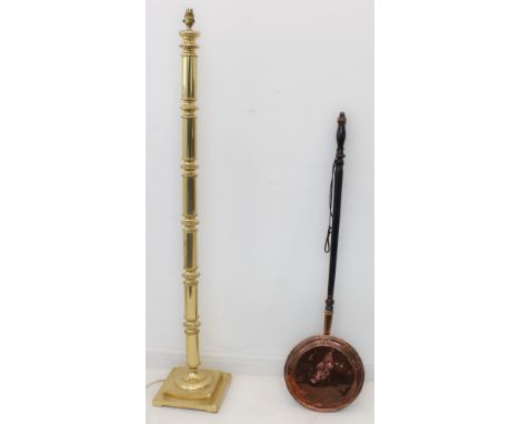 A brass lamp standard (no shade) (137.5cm high including electrical fitting) and a 19th century copper bed warming pan having