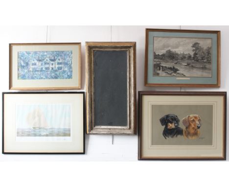 Various decorative wall-hanging pictures and prints and a looking glass: GILL EVANS - portrait of of two dachsunds, pastel si