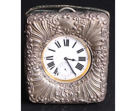 A Goliath pocket watch with silver plated case and white enamel dial in fitted embossed silver mounted travel case