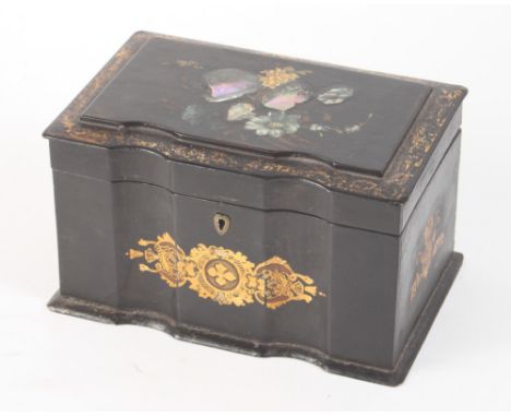 A 19th Century papier-mâché shape front tea caddy inlaid mother-of-pearl and floral decoration, 8" wide