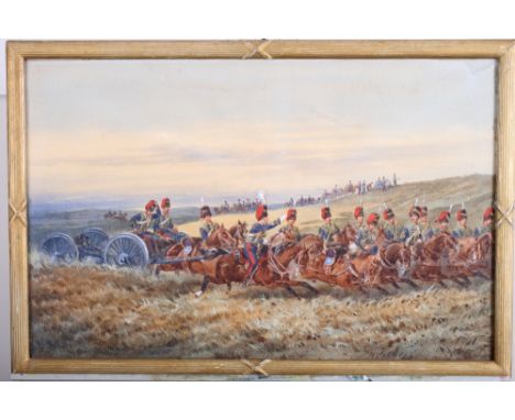 A 19th Century watercolour, a team of the Royal Horse Artillery pulling a gun carriage, 13" x 19", in gilt reed and tie frame
