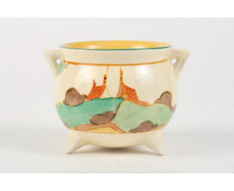 A Clarice Cliff "Secrets" cauldron sugar bowl, 3" high (foot chip)