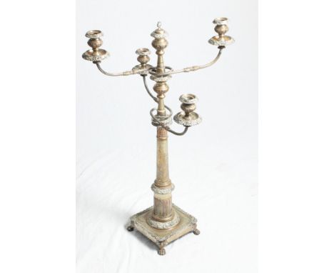 A Sheffield plated five-light candelabrum with half fluted column and square base, 35" high