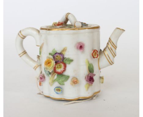 A miniature Meissen cabinet teapot with floral encrusted decoration, 2 1/4" high