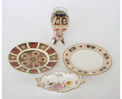 A Royal Crown Derby "Imari" pattern vase, 5" high, two Crown Derby side plates and a "Derby Posies" oval trinket dish