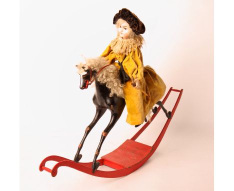 A late Victorian clockwork automaton of a girl on a rocking horse, 20" high