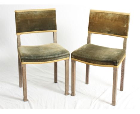 A pair of 20th Century oak framed Coronation chairs with original blue velvet upholstery, on square chamfered supports (no st