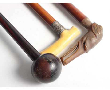 A Malacca walking stick with ivory handle and silver ferrule, a walking stick with carved horn dog's head handle and a knobke