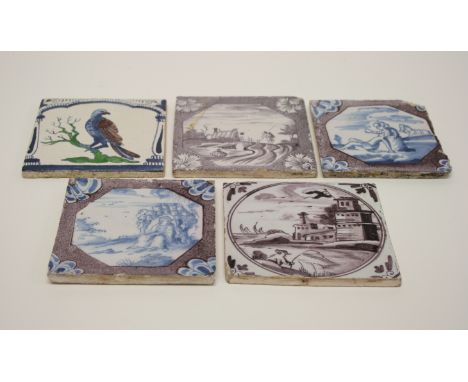 Two 18th Century Delft tiles with blue and white figure decoration and manganese borders, two similar manganese tiles and one