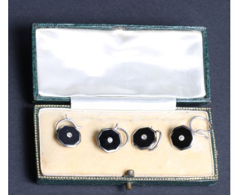 A cased set of four 9ct and 18ct gold, enamel and diamond dress studs, in fitted leather case
