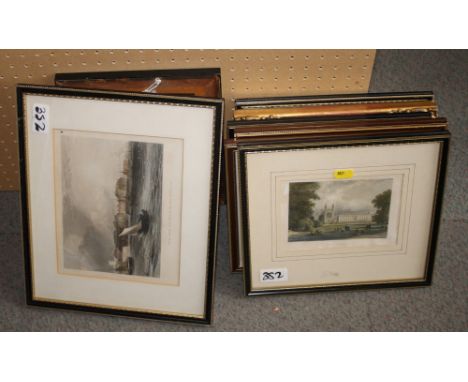 Eleven assorted framed steel engravings and a framed Baxter print of a lady in front of soldiers and a Swiss chalet