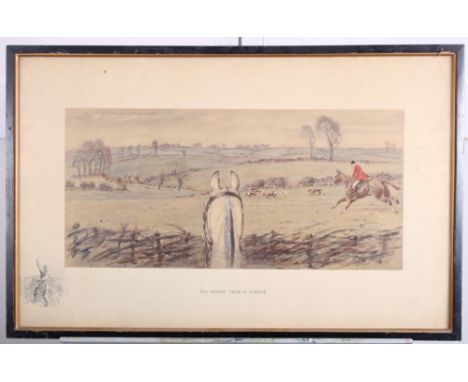 Snaffles: a coloured print, "The Finest View in Europe", heightened with bodycolour, 16" x 26", and another hunting print, in