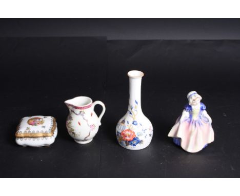 A Royal Doulton china figure, "Dinky Doo", HN1678, a New Hall porcelain jug (cracked), a Limoges box and a bud vase