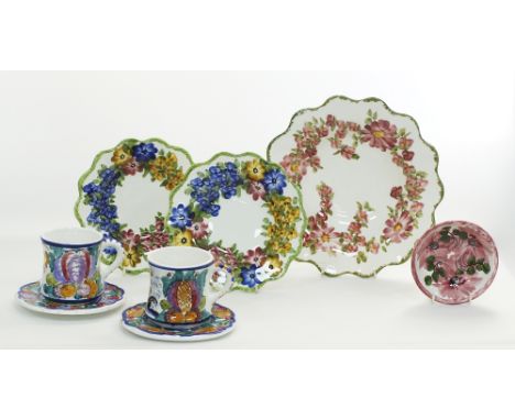 A collection of Greek ceramics comprising of two cups & saucers, a bowl, and three wall plates hand painted by Filippeos, the