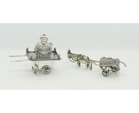 Middle Eastern / Egyptian silver hand chiseled miniatures / objets de vertu, comprising of a cart with a cauldron and ladle W