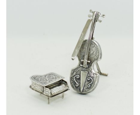 Middle Eastern / Egyptian silver hand chiseled miniatures / objets de vertu, comprising of a viola H11cm with bow and a piano