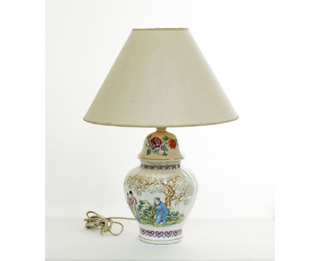 An Italian V. V. Carraresi porcelain table lamp decorated with transfer print Oriental style images, the porcelain H40cm, the