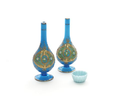 A pair of Bohemian hand blown opaline rosewater bottles in turquoise glass with gilding and enamel decorations H24cm, togethe