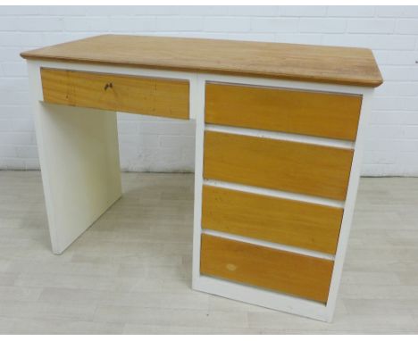 Mid century desk with five light oak drawers, 77 x 107cm 