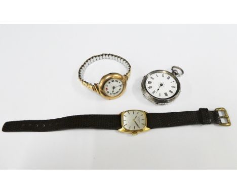 Lady;s gold plated Rotary wrist watch on a brown leather strap, early 20th century gold cased wrist watch and silver cased fo