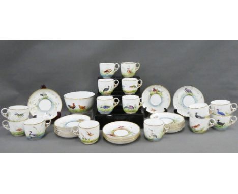 Derby white glazed cups and saucers, each with a different handpainted bird, comprising 15 cups, 18 saucers and a slop bowl, 