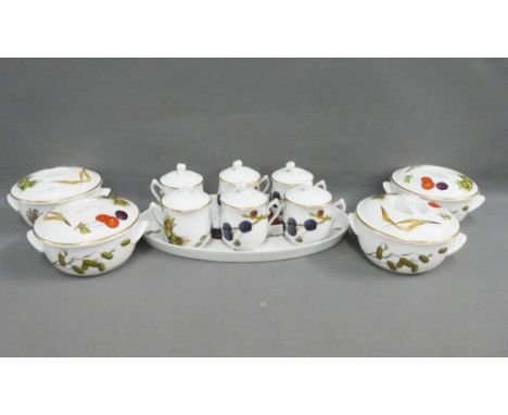 Set of six Royal Worcester chocolate pots, oval tray and four covered bowls, (11)