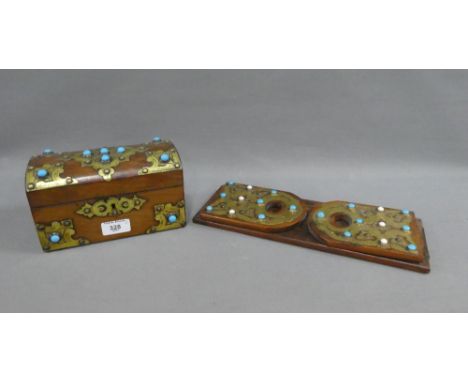 Victorian mahogany domed top caddy box, with brass mounts and turquoise cabochons together with  a similar book slide (2) 
